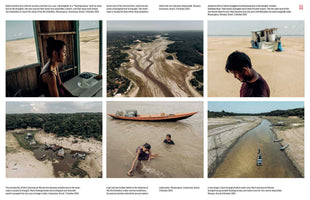 A photo collage in six parts shows the effects of a severe drought in the Amazon. Images include a woman looking out over a dry riverbed from her home, aerial views of shrunken rivers and grounded floating homes, a man standing near a beached boat, and children bathing in extremely shallow water.