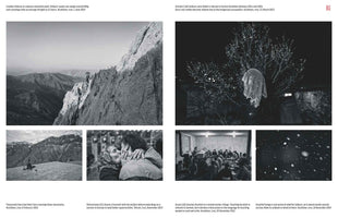 A two-page photo essay in black and white about the lives of Kolbars in Iranian Kurdistan. The spread includes six photos: a porter on a steep mountain path; a widow's veil hanging on a tree at night; a person looking at snowy mountains from a rooftop; a son kissing his mother farewell; a secret Kurdish language class in a small room; and falling snow at night. The collection of images portrays themes of danger, loss, migration, and cultural perseverance.