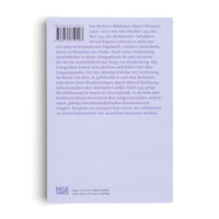 The back cover of a book with a pale purple background, photographed against a white surface. The cover displays a block of text in German, a barcode with an ISBN number in the top left corner, and the Hatje Cantz publisher logo with ISBNs for digital editions at the bottom.