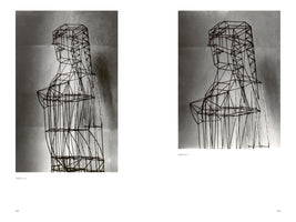 A book page with two black-and-white photographs, labeled Tafel 12 b and Tafel 12 c. Both show a complex wireframe sculpture of a human bust with long hair, viewed in profile. The sculpture is made of thin, dark rods forming a geometric lattice against a plain, light background.
