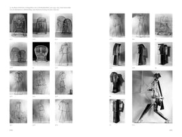 A two-page black and white book spread, pages 114 and 115, displaying a collection of photographs of abstract wire and metal sculptures by Hans Uhlmann from around 1935-1937. The numbered images are arranged in a grid, showing various geometric and cubist-style human heads and figures.