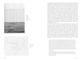 A two-page spread from an art book, pages 144 and 145, with text in German. The left page displays two black-and-white photographs of minimalist sculptures. The top photo shows Fred Sandback's installation of thin, vertical lines in a gallery. The bottom photo shows Richard Tuttle's abstract wire piece casting a shadow on a wall. The right page consists of a full column of text with footnotes.