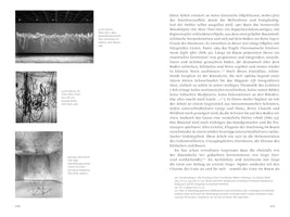 A two-page spread from an art book in German, pages 150-151. Page 150 features three black-and-white photos of abstract sculptures. The top image shows Eva Hesse's Right After, a long, tangled web of string suspended in a gallery. The middle shows Hesse's No Title, a dense cluster of hanging black ropes. The bottom shows Gego's Reticulárea, a delicate, web-like installation filling a room. Page 151 contains a column of German text discussing the artworks.
