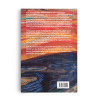 The back cover of a book featuring German text set against an expressionist painting. The artwork shows a swirling, dark blue sea under a vibrant sky of red, orange, and yellow horizontal strokes. A white box with a barcode and ISBN is located in the bottom right corner.