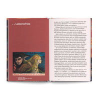 An open book viewed from above. The left page has a reddish-brown background and shows Edvard Munch's 1896 lithograph Loslösung II, depicting a woman with long blonde hair and a man with dark hair. The right page is white and filled with German text about the artist's work.