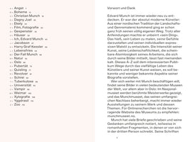 A two-page spread from a book in German. On the left is an alphabetical index of terms related to the artist Edvard Munch, from A for Angst to Z for Zoo, each with a corresponding page number. The page on the right is the foreword, titled Vorwort und Dank, which introduces the artist and his work.