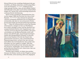 A page from a book about artist Edvard Munch, featuring a column of German text on the left and a color reproduction of his 1923/24 self-portrait, The Night Wanderer, on the right. The expressionist painting shows a gaunt, weary-looking Munch with yellowish hair and a troubled expression, standing in a dark room at night rendered in shades of blue, green, and brown.