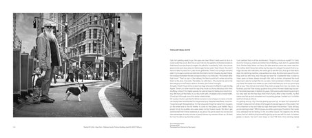 A two-page book spread. The left page is a full-page, black-and-white photograph of a man with a long white beard holding a toddler's hand and a French bulldog's leash on a busy city street corner. The right page contains two columns of text titled THE LAST REAL GUYS.