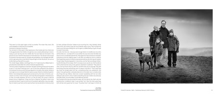 An open book spread. The left page has two columns of text under the title GAP. The right page features a black-and-white photograph of a family of four and their dog posing for a portrait. They are standing on a grassy hill in winter clothes, with a hazy landscape and an overcast sky in the background.