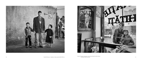 A two-page spread from a book, presenting two black-and-white street photographs side by side. On the left, a man with a mustache stands on a Moroccan street, holding the hands of two small children. On the right, a young man and an older woman look out from behind an antique shop window in Romania, with the street reflected on the glass.