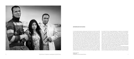 A two-page book spread. The left page features a black and white photograph of three people and a small dog posing indoors. A man in a striped turtleneck holds a dachshund, standing next to a woman with dark hair who is embraced by a man in a light-colored suit. The right page contains two columns of text under the heading WATERMELONS ON THE NEVA.
