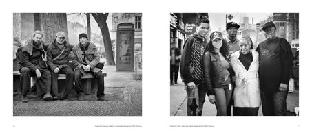 A black and white diptych showing two street photographs. On the left, three men in winter jackets and hats sit on a park bench in Berlin, Germany. On the right, a family of five people of different ages stand together on a sidewalk in New York City.