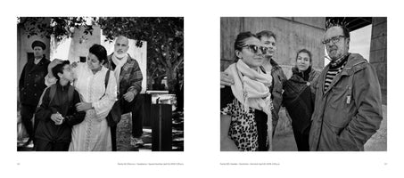 A two-page book spread displays two black and white photographs side-by-side. The photo on the left shows a family in Casablanca, Morocco, where a mother has her arm around her son as he looks up at her, and a bearded father sits next to them. The photo on the right shows a family of four in Stockholm, Sweden, posing outdoors in front of a concrete structure.