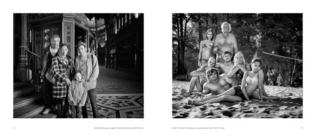 A black and white diptych contrasting two family portraits. On the left, a family of four in coats poses inside an ornate, dark building in Budapest. On the right, a large, multi-generational group in swimwear poses informally on a sunny beach in St. Petersburg, with a volleyball net in the background.
