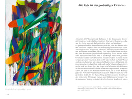 A two-page spread from an art book. The left page features a large, vertical abstract painting with vibrant, overlapping, spray-painted shapes in green, blue, orange, and red against a white background. Colorful paint drips run down the canvas. The right page contains a block of text in German under a large headline.