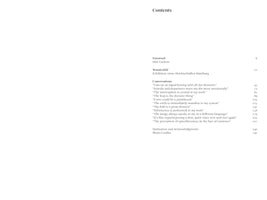 A table of contents page from a book. Sections listed include Foreword by Dirk Luckow, Wunderbild about exhibition views at Deichtorhallen Hamburg, and Conversations, which is a list of ten chapters with titles that are full-sentence quotes. The page concludes with Dedication and Acknowledgments and Photo Credits. Page numbers are aligned to the right for each entry.