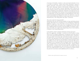 An art catalog page with a large, circular abstract painting on the left and a column of text on the right. The painting is split between a smooth upper half with blended shades of purple, green, and pink, and a rough, textured lower half made of crumbling, off-white soil. The soil section has a jagged, decaying edge with holes. A caption below reads: Untitled, 2008, acrylic and soil on canvas, Ø 190 cm.