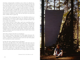 A page from a book featuring text on the left and a photograph on the right. The photo shows a young woman, Katharina Grosse, in 1982, sitting cross-legged on the ground in a sunlit forest. Behind her, a large white sheet of paper is stretched vertically between two trees, serving as an outdoor art installation.