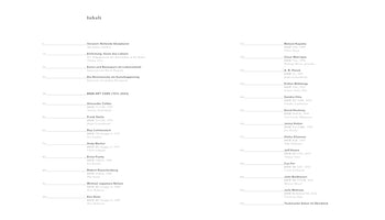 A minimalist, two-column table of contents in German, titled Inhalt. The entries list chapter titles and a section on BMW Art Cars from 1975 to 2024, featuring artists such as Alexander Calder, Andy Warhol, Jenny Holzer, and Jeff Koons. Page numbers are connected to the text by thin leader lines.