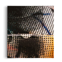A rectangular abstract artwork with a graphic, industrial feel. The composition is divided into sections featuring a black halftone dot pattern over different colored backgrounds. The left side is heavily obscured by a black, speckled texture, while the top right section is white and the bottom right is a warm yellow-orange. Hints of blue and teal are visible throughout the piece.