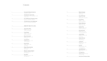 A table of contents for a book on BMW Art Cars from 1975 to 2024. The page is laid out in two columns, listing introductory chapters and then a chronological list of contributing artists, including Alexander Calder, Andy Warhol, Roy Lichtenstein, Jenny Holzer, Jeff Koons, and Julie Mehretu, along with the car model and year for each project.