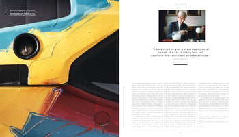 A two-page magazine spread about Andy Warhol's art. The left page is a large close-up of his BMW M1 Art Car, showing thick, gestural brushstrokes in yellow, blue, and red. The right page has a small photograph of Andy Warhol, a large quote, and two columns of text.