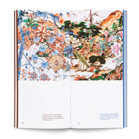 An overhead shot of an open book displaying a two-page art collage titled Chinese Garden Image Collage. The artwork is a vibrant mix of styles; the left page features intricate blue and orange floral patterns, while the right page depicts a more traditional Chinese landscape with mountains, trees, and flowers. The pages are numbered 92 and 93.