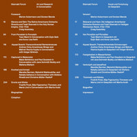 A side-by-side view of a publication's table of contents in two languages. The left column is in English with white text on a brown background, and the right column is a German translation with white text on a blue background. Both list page numbers, chapter titles, and author names.