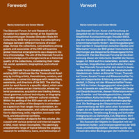 A side-by-side presentation of a foreword in two languages. On the left, the English text is printed in white on a brown background. On the right, the German translation is printed in white on a blue background. Both texts, by Marion Ackermann and Doreen Mende, introduce the Stannaki Forum, a research format at the Dresden State Art Collections that explores global entanglements and diasporic history within the collections.