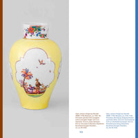 A page from a catalog showing a Meissen porcelain vase from the 1730s by Johann Gregorius Höroldt. The vase has a pale yellow ground, a bulbous body, and a short neck painted with colorful flowers. The body features white, cloud-shaped cartouches painted with detailed Chinoiserie scenes, with the central one depicting figures under a palm tree.