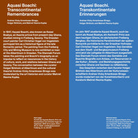 An informational graphic with two columns of text against a split brown and blue background. The left column is in English and the right is in German, both titled with the name Aquasi Boachi and discussing an exhibition about the 19th-century Asante prince.