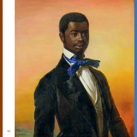A 19th-century oil portrait of a young Black man with short hair and a trim beard. He is dressed in a formal dark jacket, a white high-collared shirt, and a vibrant, silky blue cravat tied at his neck. He looks to his right with a dignified expression against a warm, hazy background of pink and yellow tones.