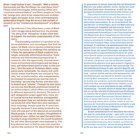 A two-page spread from a book with text in English on the left page, 154, and German on the right page, 155. Both pages discuss racist stereotypes and the portrayal of Black men, with sections of text highlighted by vertical orange and blue lines.