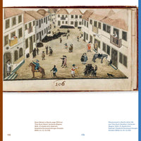 A 17th-century colored drawing by Zacharias Wagner depicting a slave market in Recife, Brazil. In a town square surrounded by white colonial buildings, enslaved Black people are being inspected and sold. White colonists in European dress conduct business, one rides a horse, and others watch from balconies. In the background, a long line of enslaved people is marched through the square. The illustration is on a book page, numbered 106 at the bottom.
