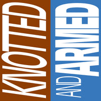 A graphic design split vertically with a brown panel on the left and a blue panel on the right. Both panels feature bold, white text running vertically upwards, reading KVOTED on the left and AND ARMED on the right.