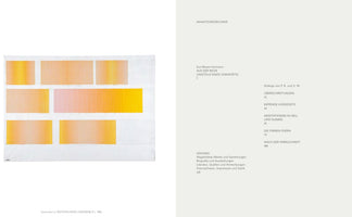 A two-page spread from an art book. The left page features an abstract artwork from 1982, showing several rectangular blocks with vertical, gradient stripes in shades of yellow, orange, and pink on a white grid background. The right page is the book's table of contents in German, titled INHALTSVERZEICHNIS, set in a simple black font on an off-white background.