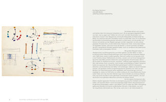An open art book displaying a two-page spread. The left page features a reproduction of a hand-drawn diagram with circles, lines, and small color swatches in red, blue, and yellow, along with handwritten German notes. The right page consists of a block of printed German text. The pages are numbered 6 and 7.