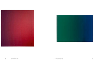 A two-page spread from an art book on a white background. On the left, page 26, is a square abstract painting, ROT SCHIEBT, 2002, featuring a textured gradient from a deep purplish-red to a brighter red. On the right, page 27, is a rectangular abstract painting, SCHATTENGRÜN, 2004, showing a textured gradient from dark green to deep blue.