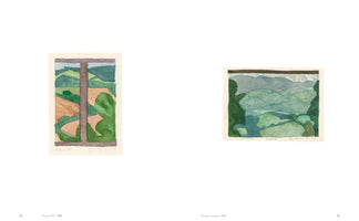 An art book spread displaying two watercolor paintings side by side. On the left, a vertical painting from 1990 shows a view of rolling green and tan hills through a window frame. On the right, a horizontal painting from 1991 depicts a similar landscape of hills in shades of green and blue, framed by dark trees.