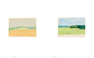 An open book spread displays two small, minimalist watercolor landscape paintings side by side. The left painting, dated 2002, features abstract horizontal bands of gray-blue, green, and orange. The right painting, dated 2008, shows a light green field with a line of dark green trees under a blue sky.