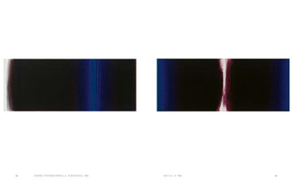An open book spread on a white background, displaying two horizontal abstract paintings. The painting on the left has a dark, near-black field with a soft reddish-purple curve on the left edge and a vertical band of striated blue on the right. The painting on the right is a diptych with a similar dark field, split in the center by a jagged vertical line of white and magenta, with bands of striated blue on the outer edges.