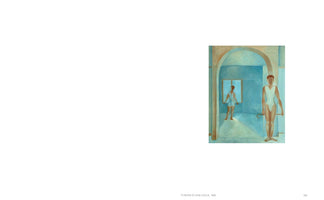 A reproduction of the 1949 painting, Turner in der Halle. The artwork features two male gymnasts in white leotards within a blue-walled hall with arches. One gymnast stands in the foreground holding a horizontal bar, while a second figure is seen in the background, standing in a patch of light by a window.