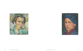 A book spread on a white background, displaying two impressionistic self-portraits of a young man from the 1950s. The portrait on the left shows the man with brown hair in a light blue jacket. The portrait on the right shows him wearing a blue beret and a dark jacket.