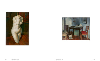 A two-page spread from an art book. On the left page, number 114, is a painting of a headless, armless plaster sculpture of a female torso kneeling on a wooden floor. The caption reads GIPSTORSO, 1953/54. On the right page, number 115, is a painting of a room corner with a dark table, a wooden chair with a red seat, and a stove. The caption reads ZIMMERECKE, 1955.
