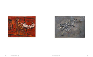 A two-page book spread showing two still life paintings from 1958. The painting on the left, titled TUBE UND PINSEL, features a crumpled paint tube and brushes against a vibrant, textured red background. The painting on the right, titled AUF DEM BODEN, shows a pair of dark gloves lying on a muted, grey surface.