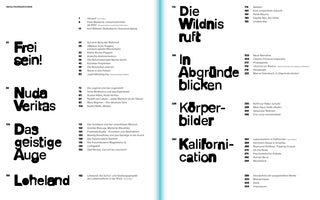 A minimalist two-page spread of a book's table of contents in German. The layout features large, bold, rounded black typography for chapter titles like Frei sein!, Nuda Veritas, Die Wildnis ruft, and Körperbilder, set against a plain white background with a light blue vertical line separating the pages.