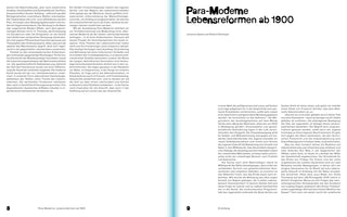 A two-page spread from a book, showing pages 8 and 9. The text is in German, with the title on the right page reading Para-Moderne Lebensreformen ab 1900 in a bold, black font. A soft, vertical turquoise gradient runs down the center along the book's spine.