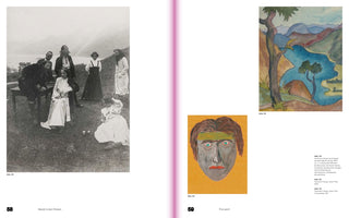 A two-page book spread, pages 58 and 59, separated by a vertical pink stripe. The left page features a large, vintage black-and-white photograph of a group of people in early 20th-century dress outdoors. The right page displays two color paintings: a watercolor landscape of a lake and mountains, and below it, a stylized, mask-like portrait on a yellow background. Both pages include German text and captions.