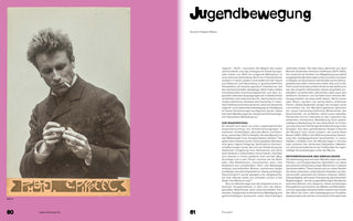 A two-page spread from a book or magazine about the German Youth Movement. The left page has a pink background with a vintage black-and-white photo of a young man with spiky hair and a cigarette. The right page is white with the large title Jugendbewegung and columns of German text.