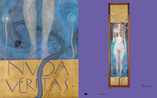 A two-page spread from an art book on a purple background, showcasing Gustav Klimt's painting Nuda Veritas. On the right is the full, tall painting of a nude woman with long red hair holding a mirror. On the left is a large close-up of the painting's lower half, focusing on her legs, a dark snake, and the title NUDA VERITAS written on a gold leaf panel.